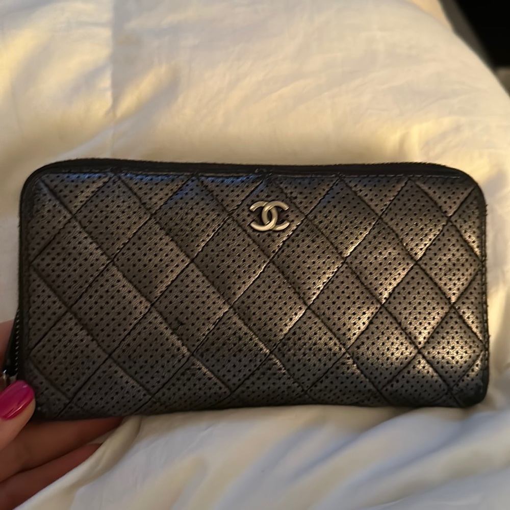 Large Chanel zipper around wallet. Authentic metallic charcoal grey.